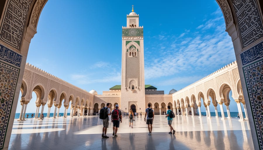Hassan II Mosque in Casablanca with ornate Islamic architecture and minaret