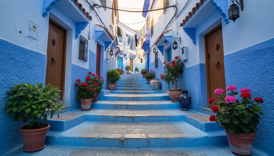 Blue-painted narrow street with traditional doorways in Chefchaouen medina