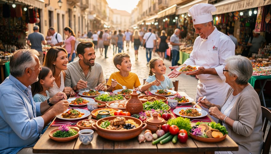 Moroccan family sharing traditional tagine meal in riad courtyard setting