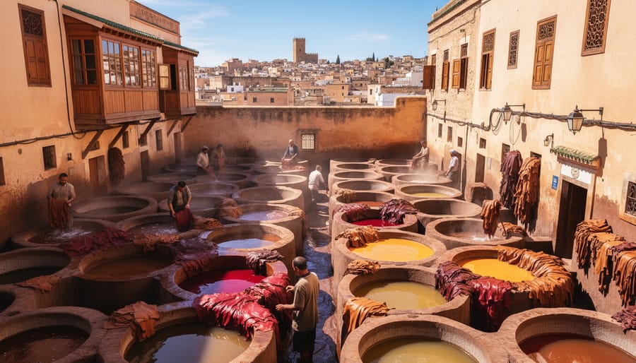 Aerial view of traditional leather tanneries in Fes with colorful dyeing vats