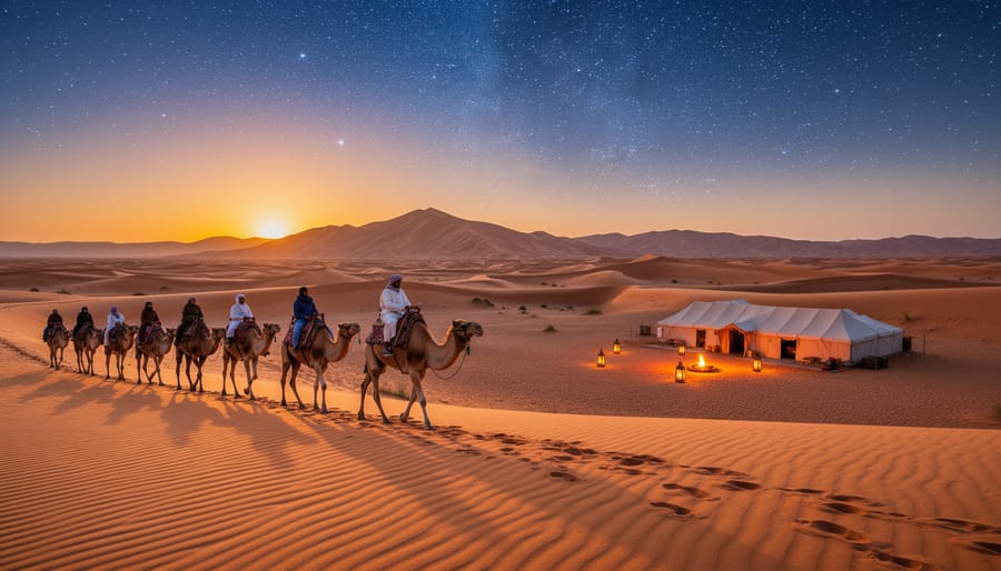 Sahara Desert sand dunes at sunrise with camel riders silhouetted on ridge